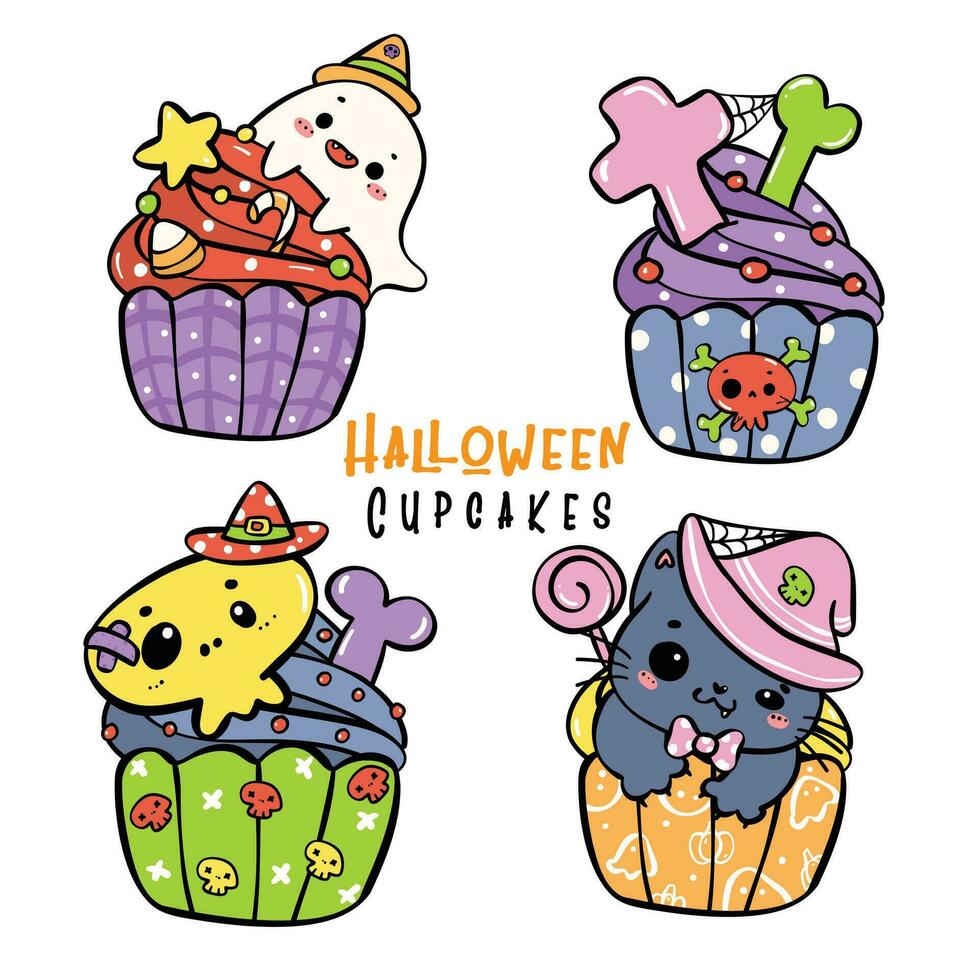 Cute Vibrant Festive Halloween Cupcake Doodle Outline colorful hand drawing vector