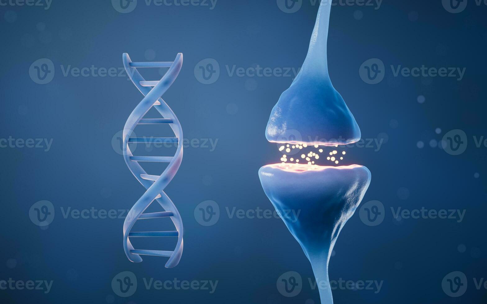 Synapse of neuron cell and DNA, 3d rendering. photo