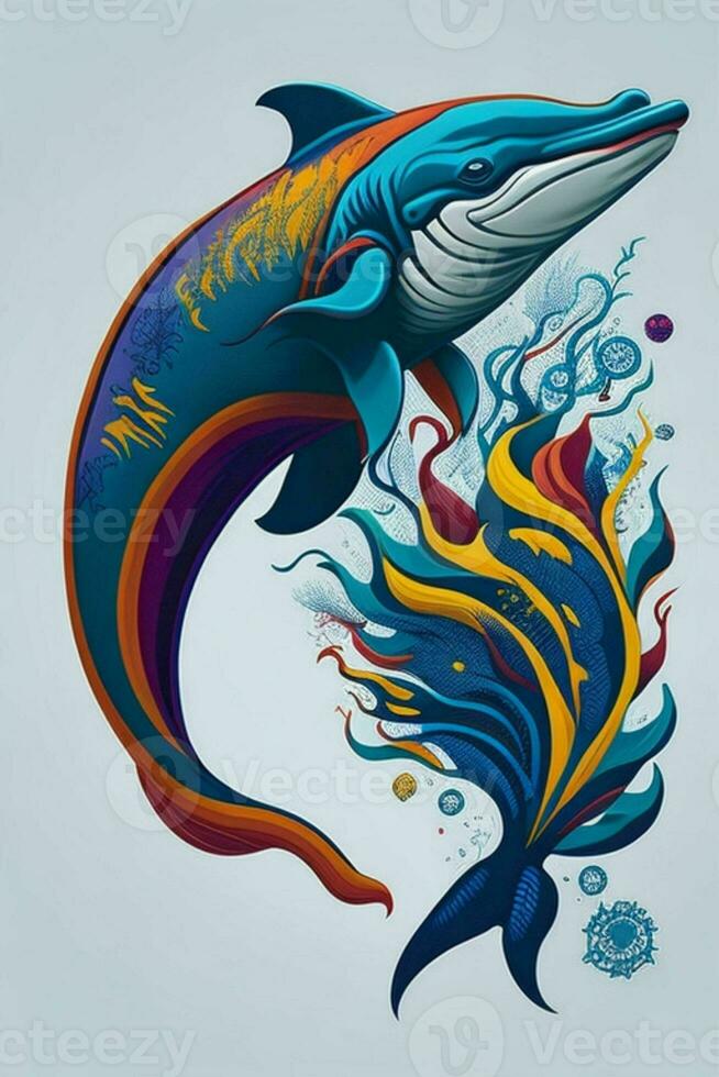 A detailed illustration of a Dolphin for a t-shirt design, wallpaper and fashion photo