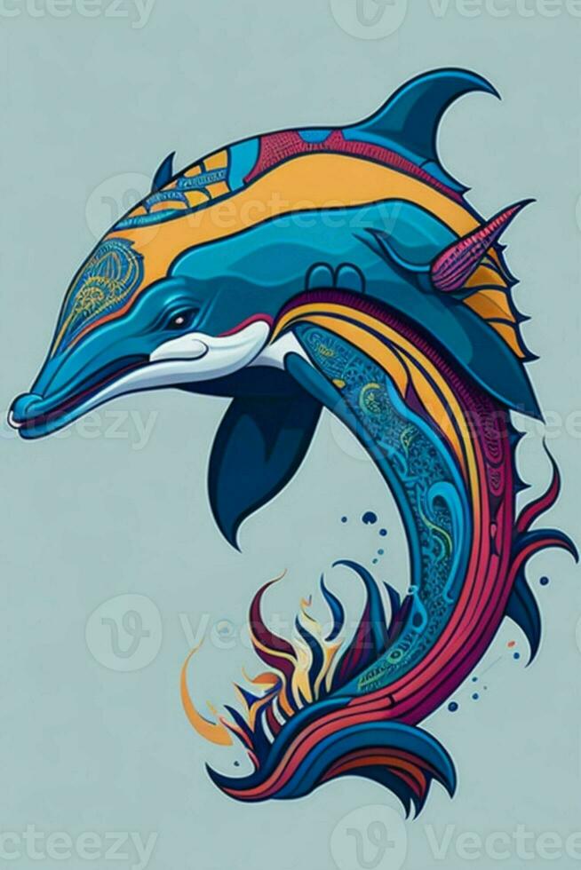 A detailed illustration of a Dolphin for a t-shirt design, wallpaper and fashion photo