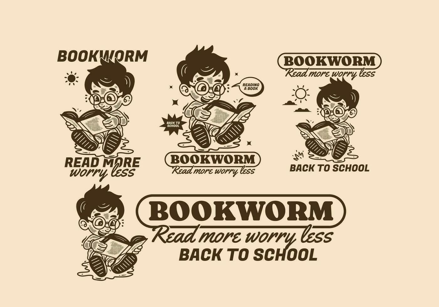 Bookworm, read more worry less, illustration of a little boy sitting and reading a book vector