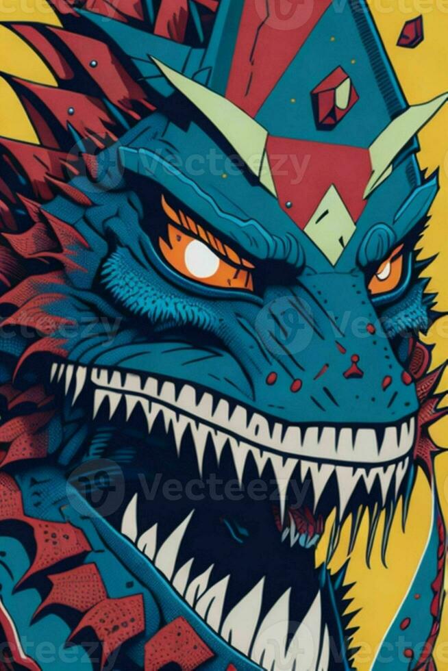 A detailed illustration of a Godzilla for a t-shirt design, wallpaper and fashion photo