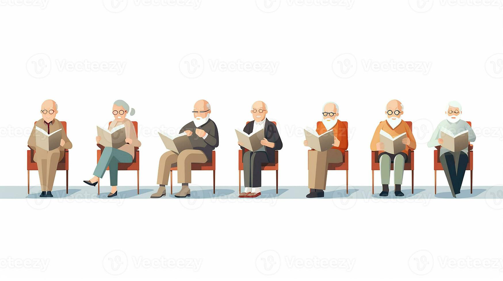 Elderly people sit on sofa and read books. Vector illustration. Generative AI photo