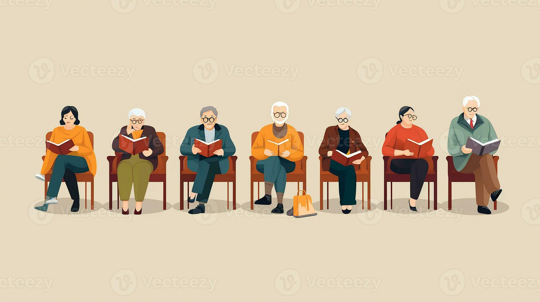 Elderly people sit on sofa and read books. Vector illustration. Generative AI photo