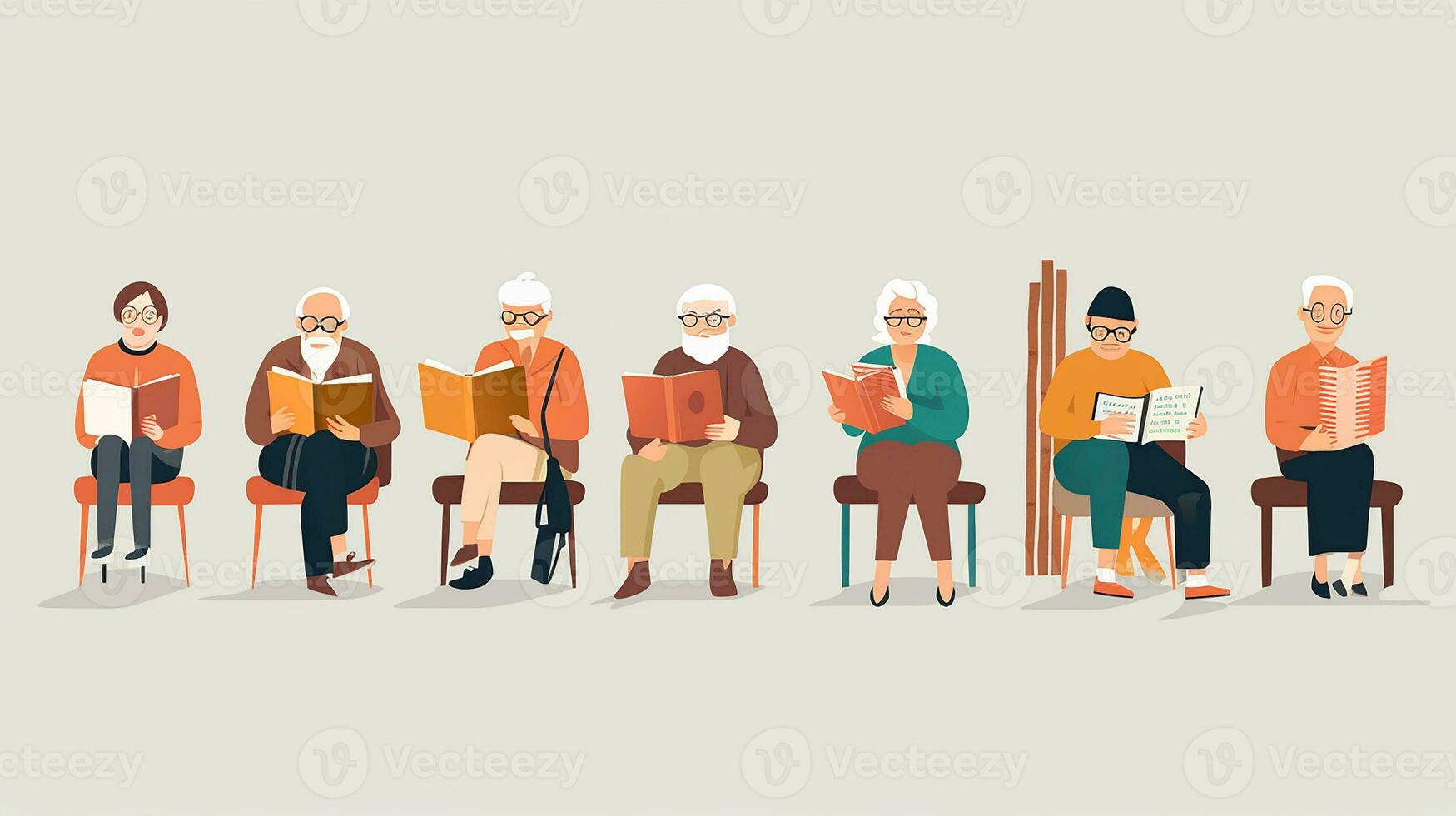 Elderly people sit on sofa and read books. Vector illustration. Generative AI photo