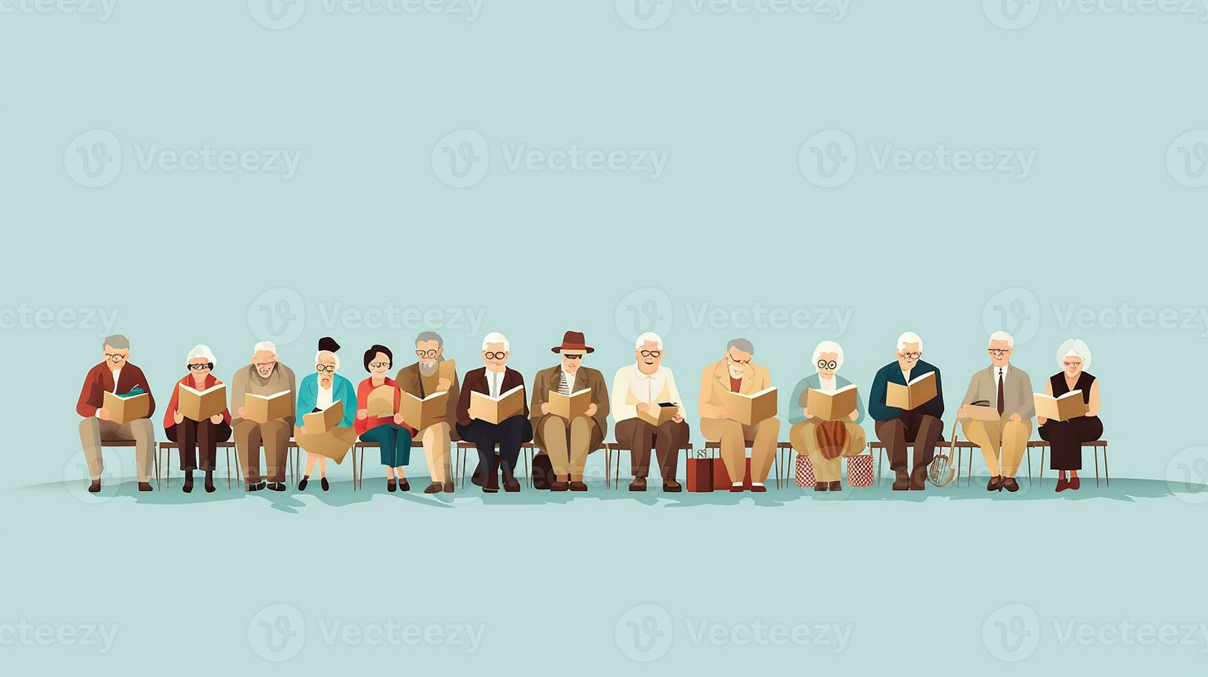 Elderly people sit on sofa and read books. Vector illustration. Generative AI photo