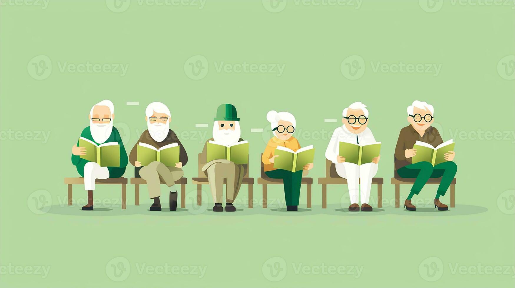 Elderly people sit on sofa and read books. Vector illustration. Generative AI photo