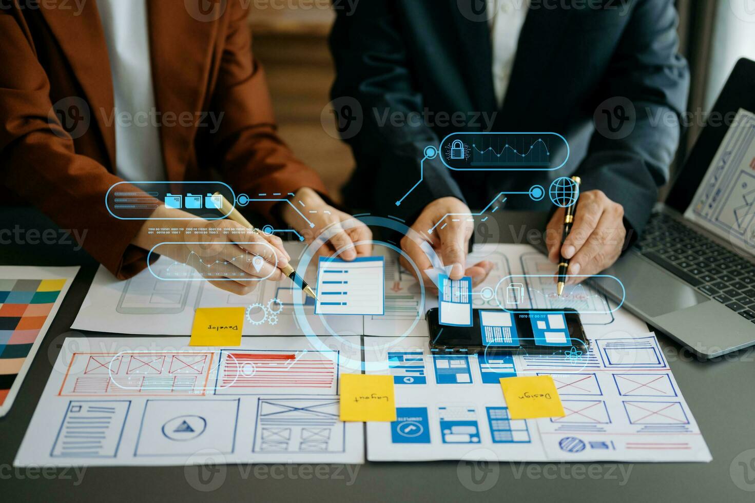 UX developer and ui designer brainstorming about mobile app interface wireframe design with customer breif and color code at modern office. on virtual  screen. photo