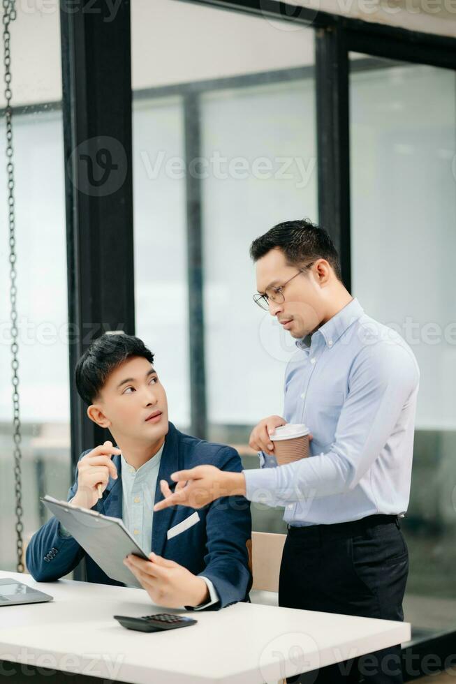 Portrait of success business people working together in office. Couple teamwork startup concept photo