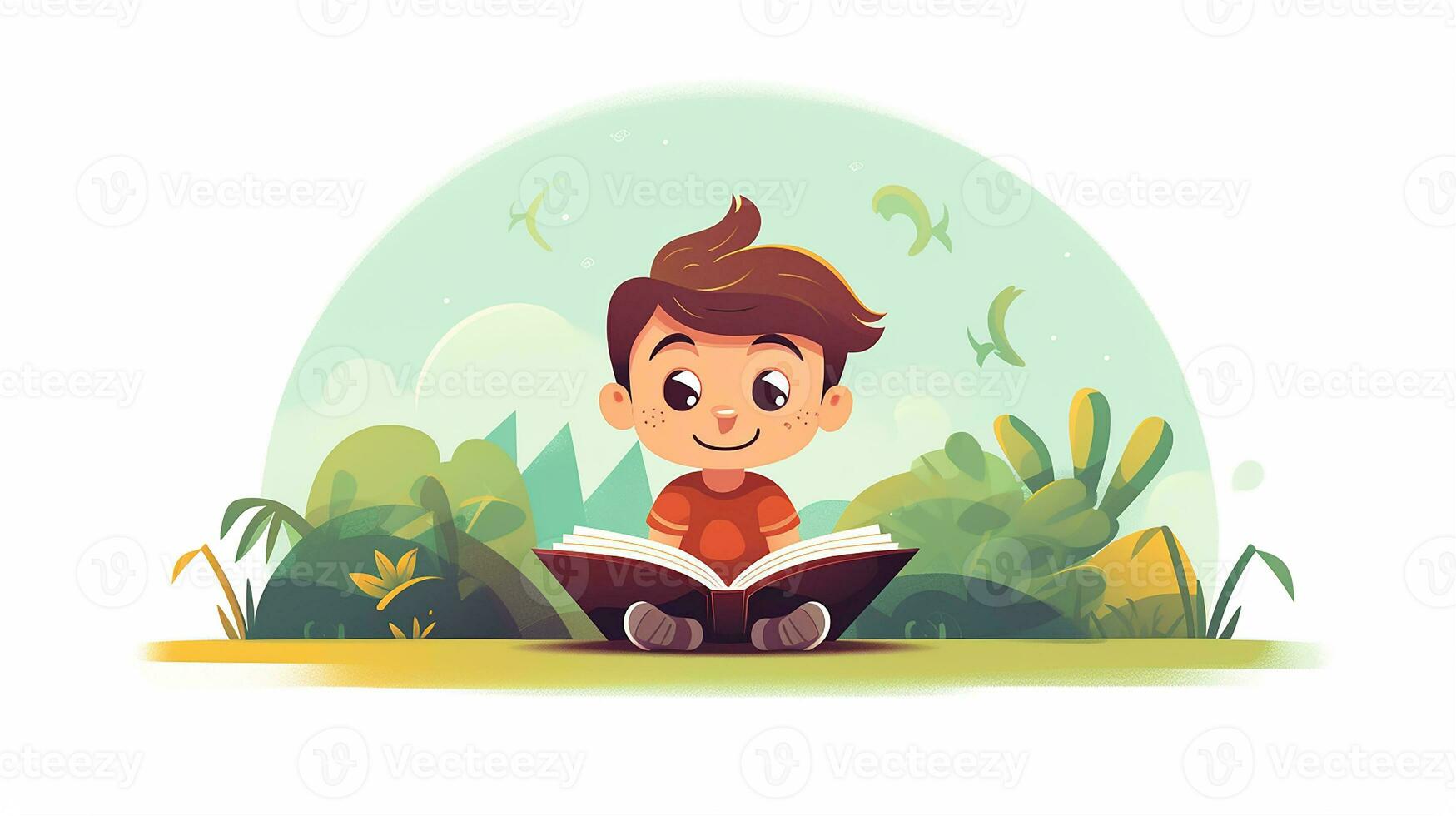 Cute little boy reading a book. Vector illustration. Generative AI photo
