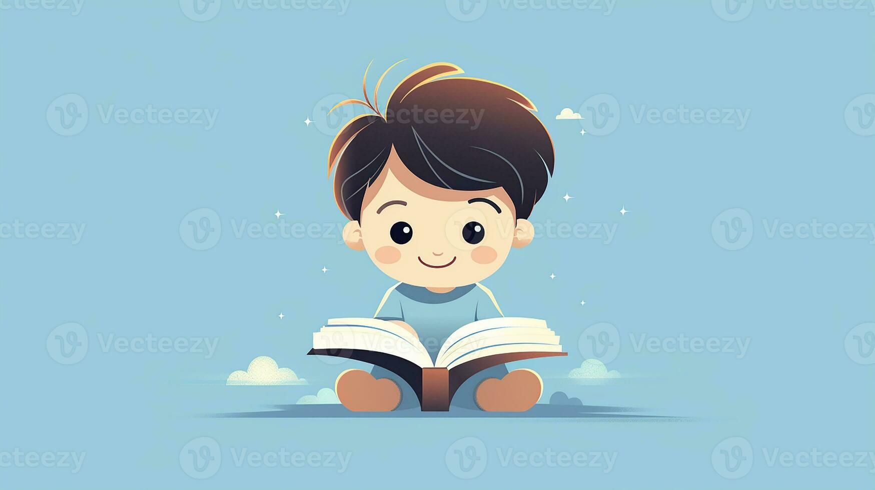 Cute little boy reading a book. Vector illustration. Generative AI photo