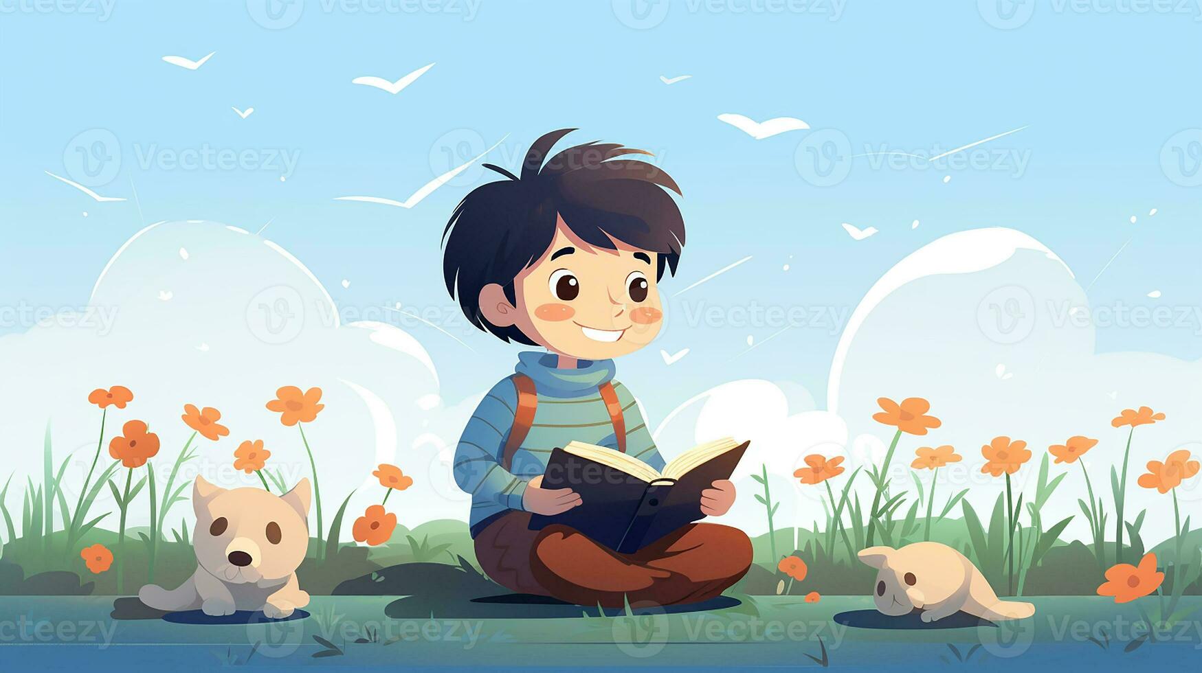 Cute little boy reading a book. Vector illustration. Generative AI photo