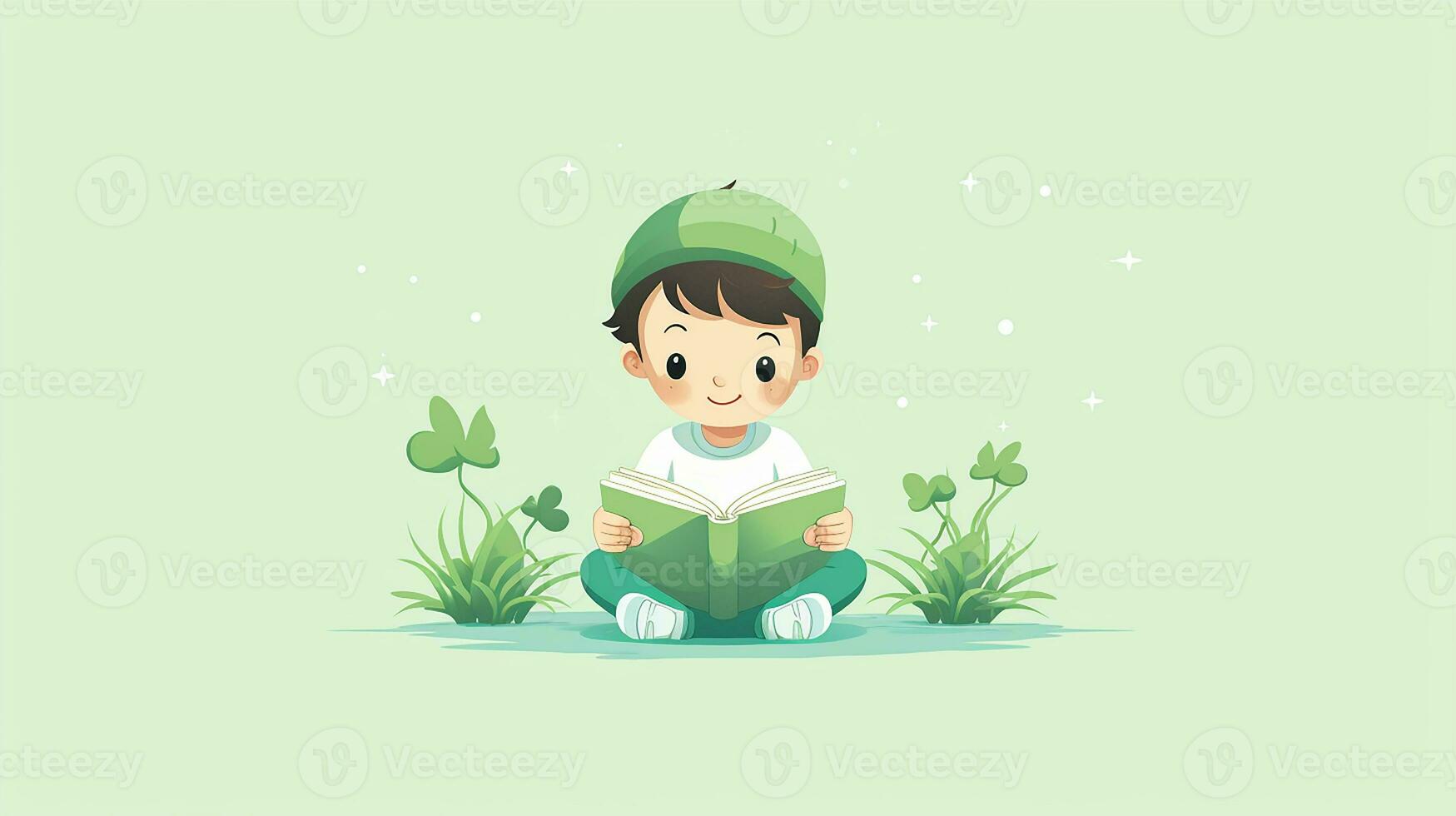 Cute little boy reading a book. Vector illustration. Generative AI photo