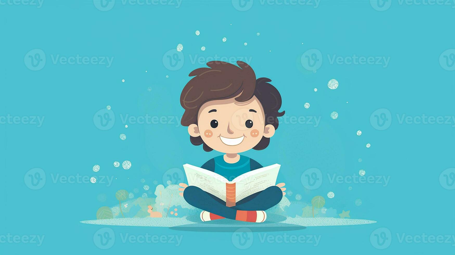 Cute little boy reading a book. Vector illustration. Generative AI photo