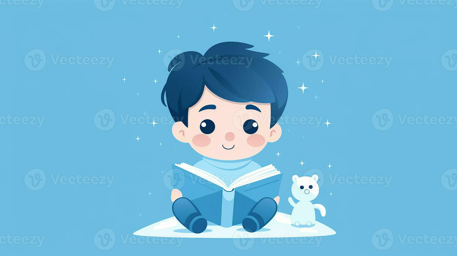 Cute little boy reading a book. Vector illustration. Generative AI photo