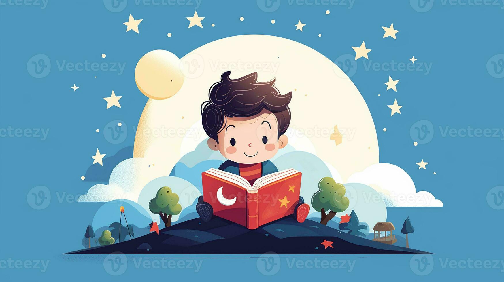 linda pequeño chico leyendo un libro. vector ilustración. generativo ai foto