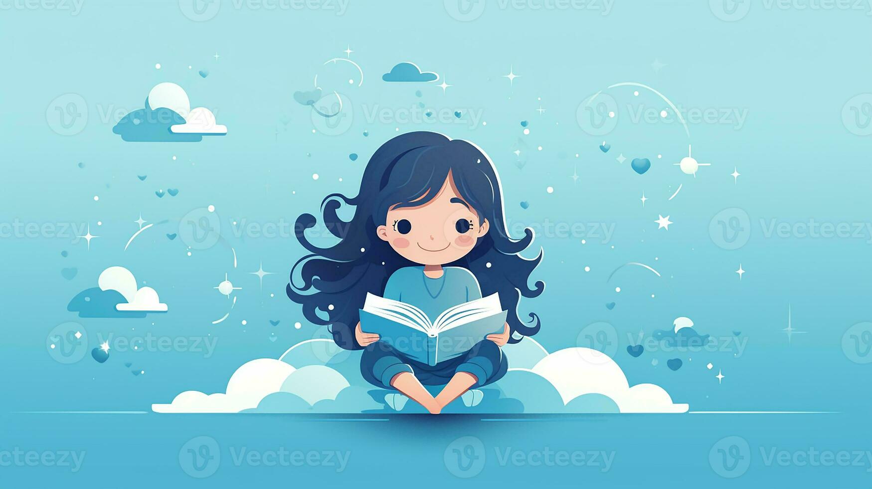 Cute little girl reading a book. Generative AI photo