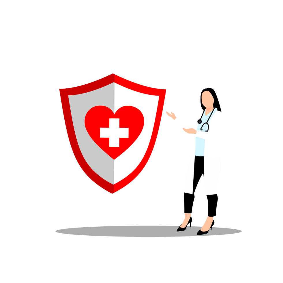 a doctor is standing next to a shield with a heart png