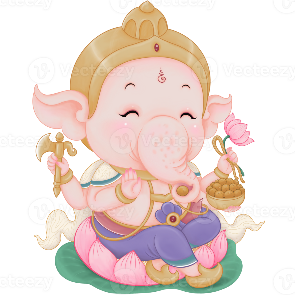 Child Ganesh Doing Blessing Pose in Illustration Chibi Cartoon Style For Decorating the Workpiece According to Buddhist and Hindu Religious Beliefs png