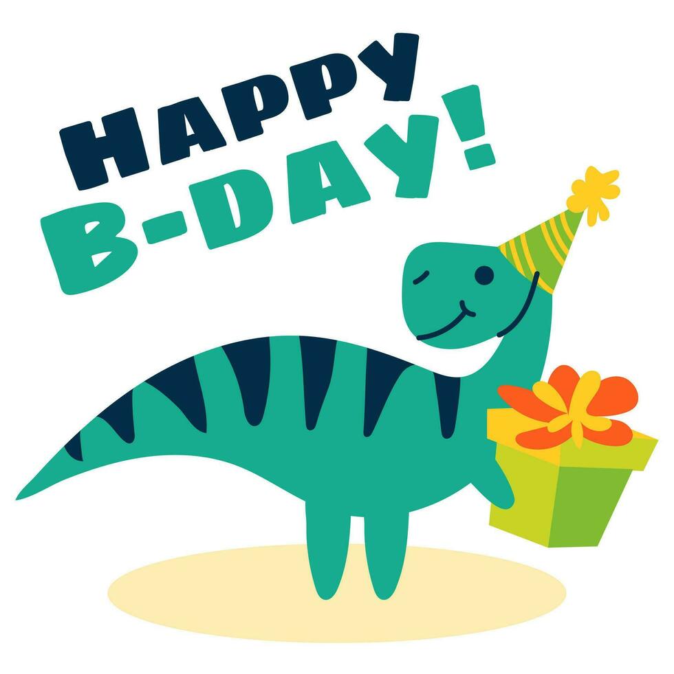 linda dibujos animados bicicleta terapeuta en un festivo sombrero y un regalo caja. un plano ilustración de un para niños festivo dinosaurio. el concepto de contento cumpleaños. vector animal personaje es Perfecto para tarjetas