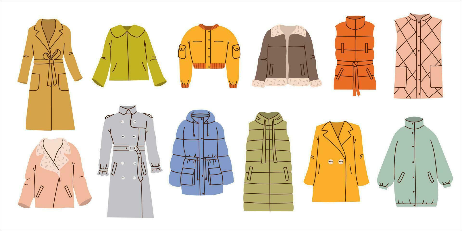 Set colorful different outerwear in flat style isolated on white background. Female clothes. Raincoat, down jacket, jacket, sheepskin coat, quilted vest, trench coat, bomber jacket with pockets. vector