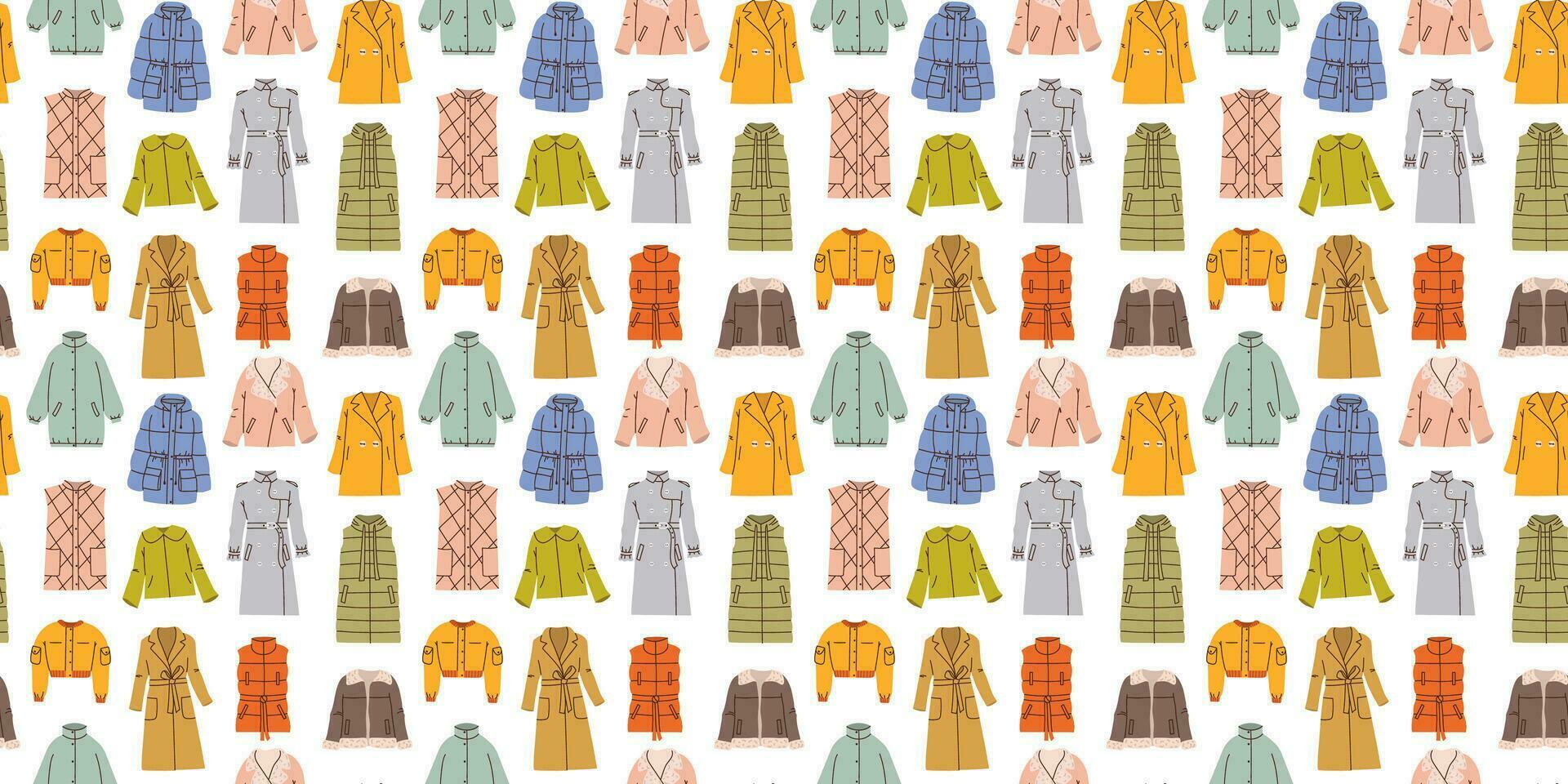 Seamless pattern with hand drawn colorful different outerwear on white background in flat cartoon style. Jacket, trench, coat, vest, bomber. Female clothes. For background, packaging, textile vector
