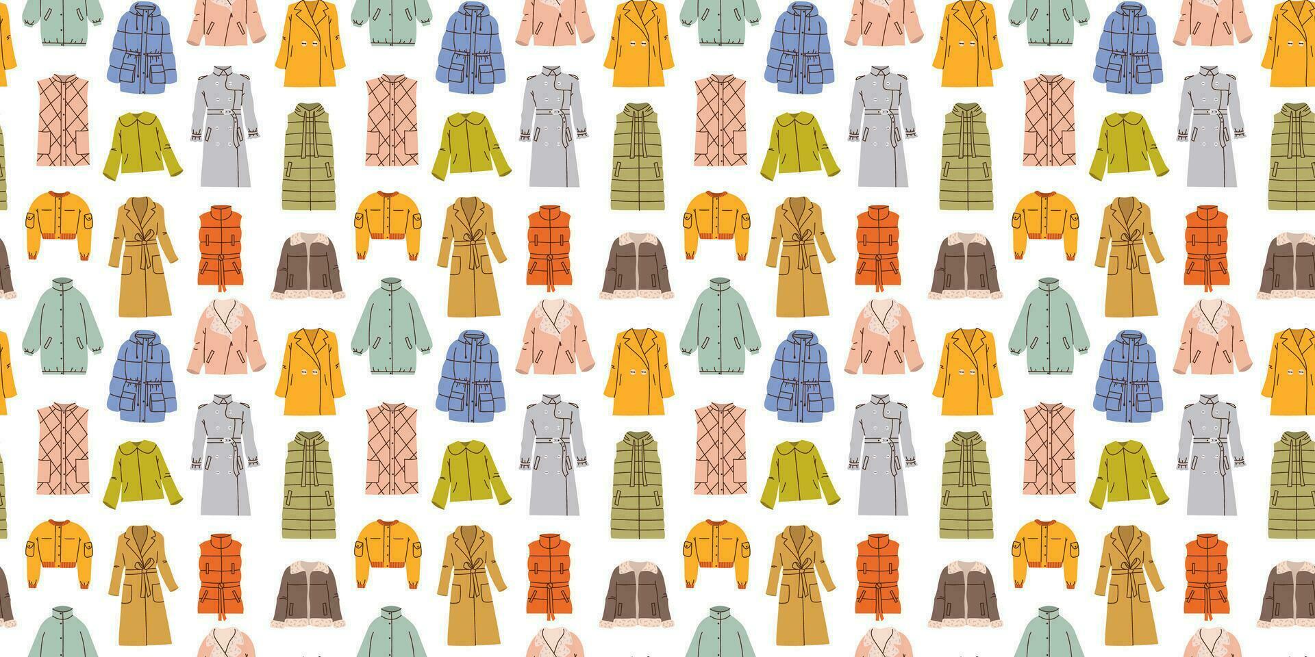 Seamless pattern with hand drawn colorful different outerwear on white background in flat cartoon style. Jacket, trench, coat, vest, bomber. Female clothes. For background, packaging, textile vector