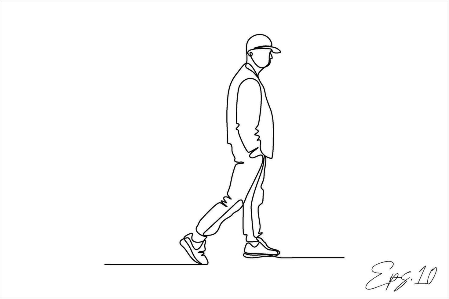 continuous line vector illustration of person in hat walking