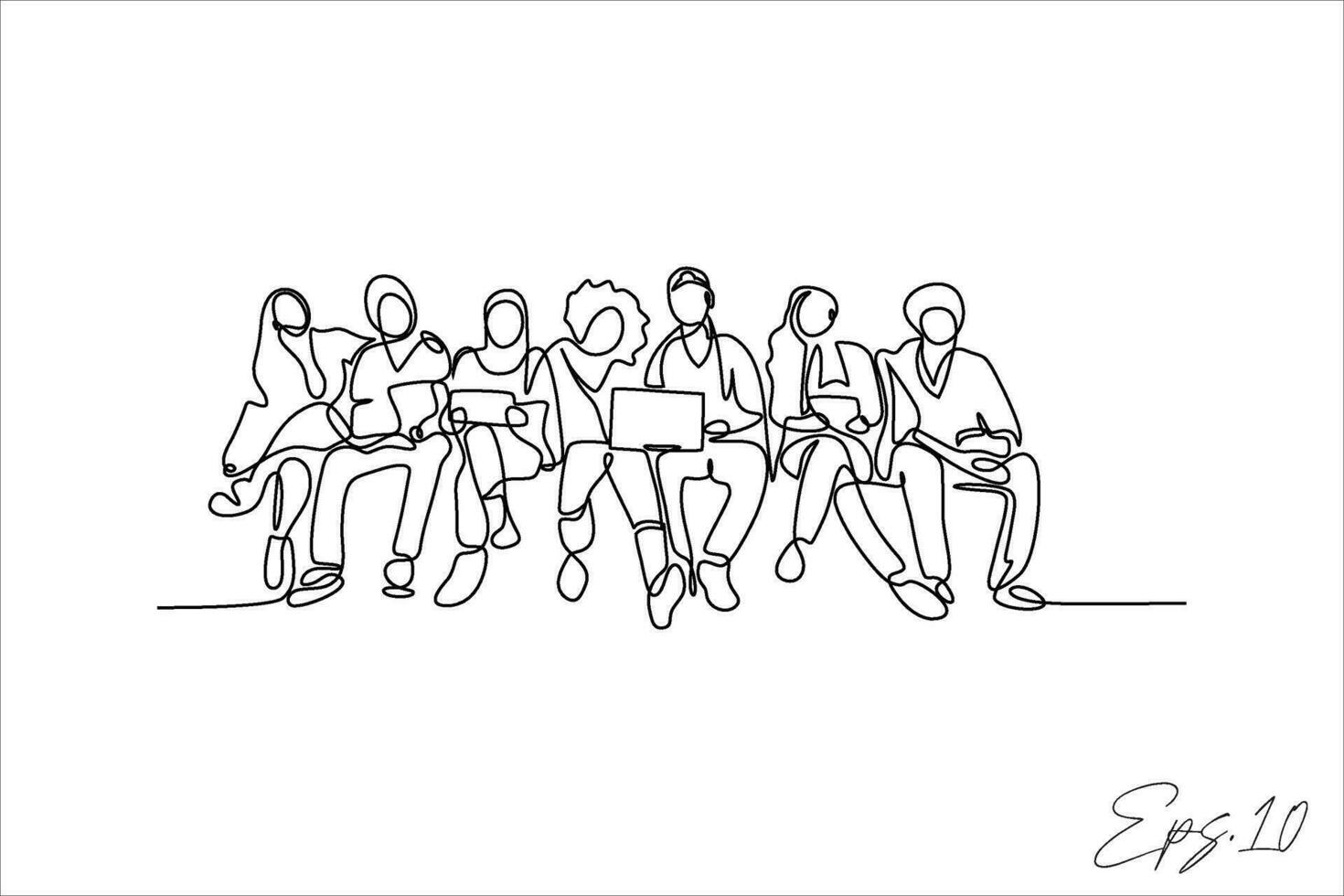 continuous line vector illustration of people sitting crowd