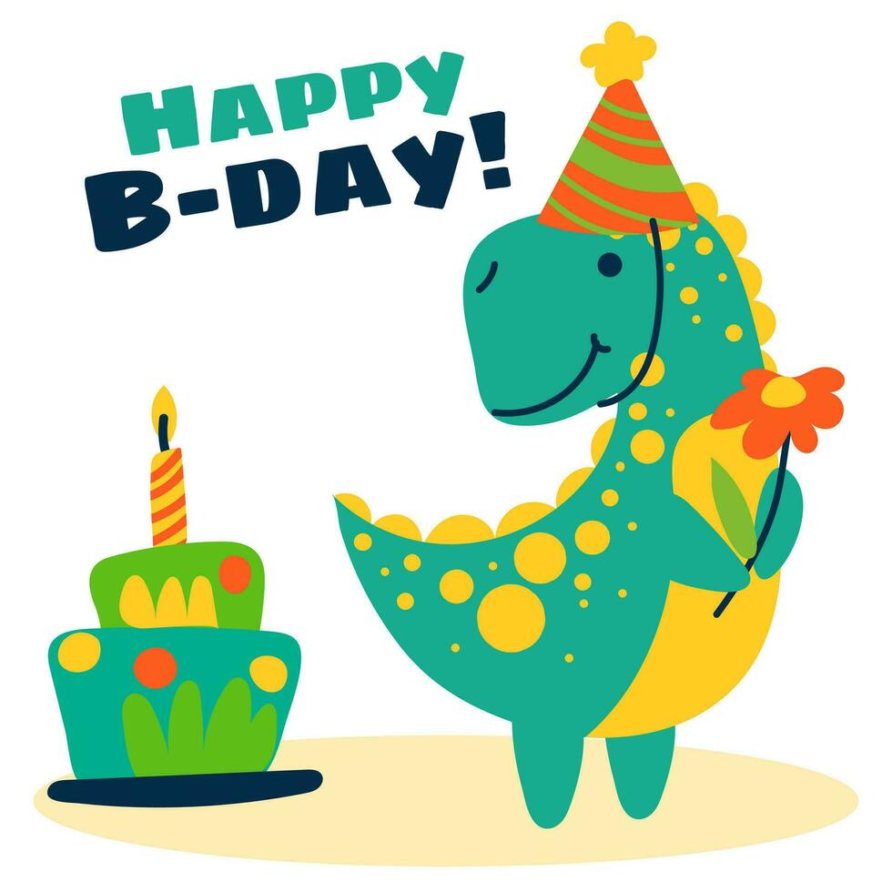 Cute cartoon tyrannosaurus in a birthday hat, with a flower and a cake. A flat illustration of a children's festive dinosaur. Happy birthday concept. Vector animal character Perfect for greeting cards