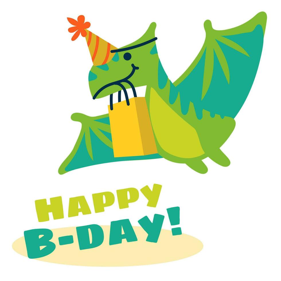 linda dibujos animados pterosaurio en un festivo sombrero y un paquete de regalos. un plano ilustración de un para niños festivo dinosaurio. contento cumpleaños concepto. vector animal personaje es Perfecto para saludo tarjetas