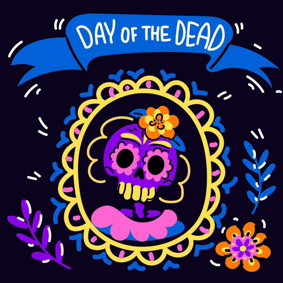 Vector postcard with an illustration of the Mexican holiday Dia de Muertos. A postcard with a traditional framed portrait of a woman, calendula flowers and the inscription Day of the Dead on a blue