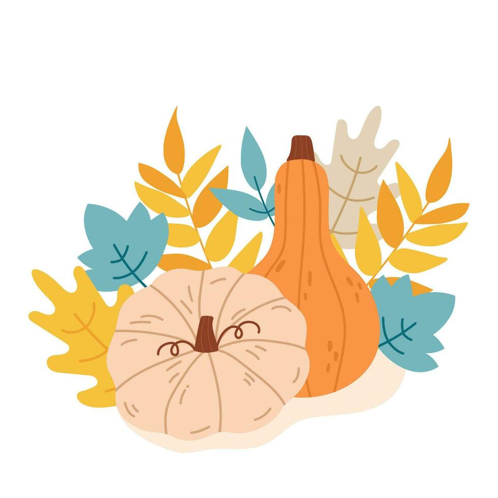 Autumn cute composition with pumpkin and leaves. Halloween clip art, autumn design elements. Perfect graphic for Thanksgiving day, Halloween, greeting cards. Vector illustration