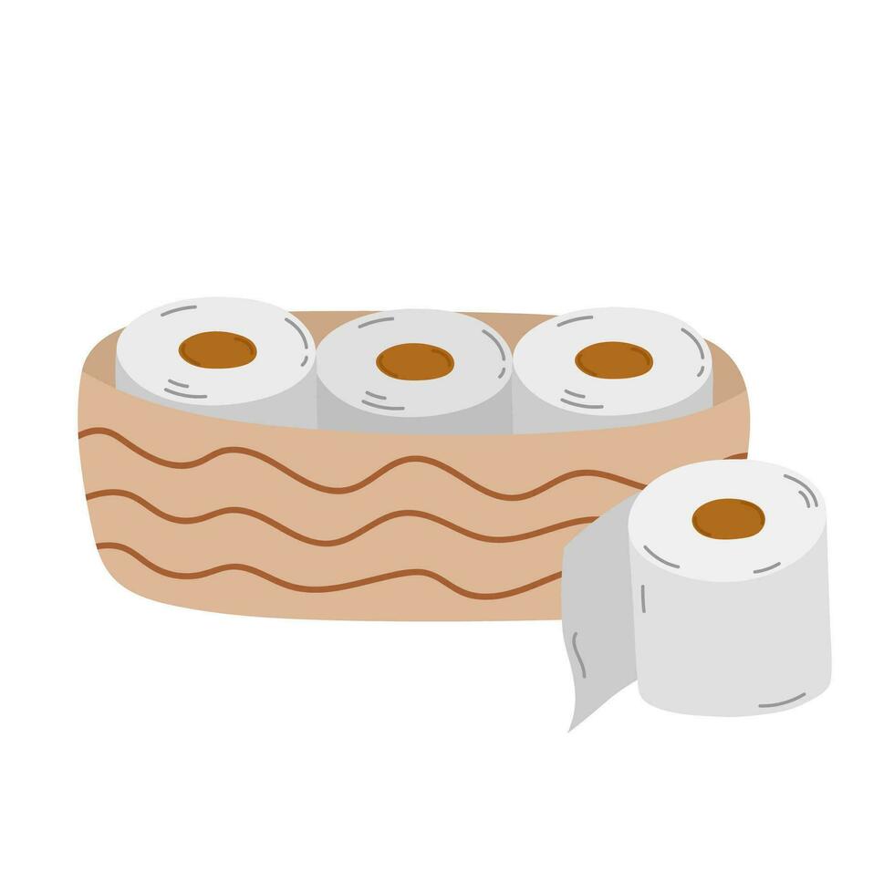 Toilet paper rolls in basket on white background. Hygiene icon. Bathroom accessories, WC. Cute vector illustration