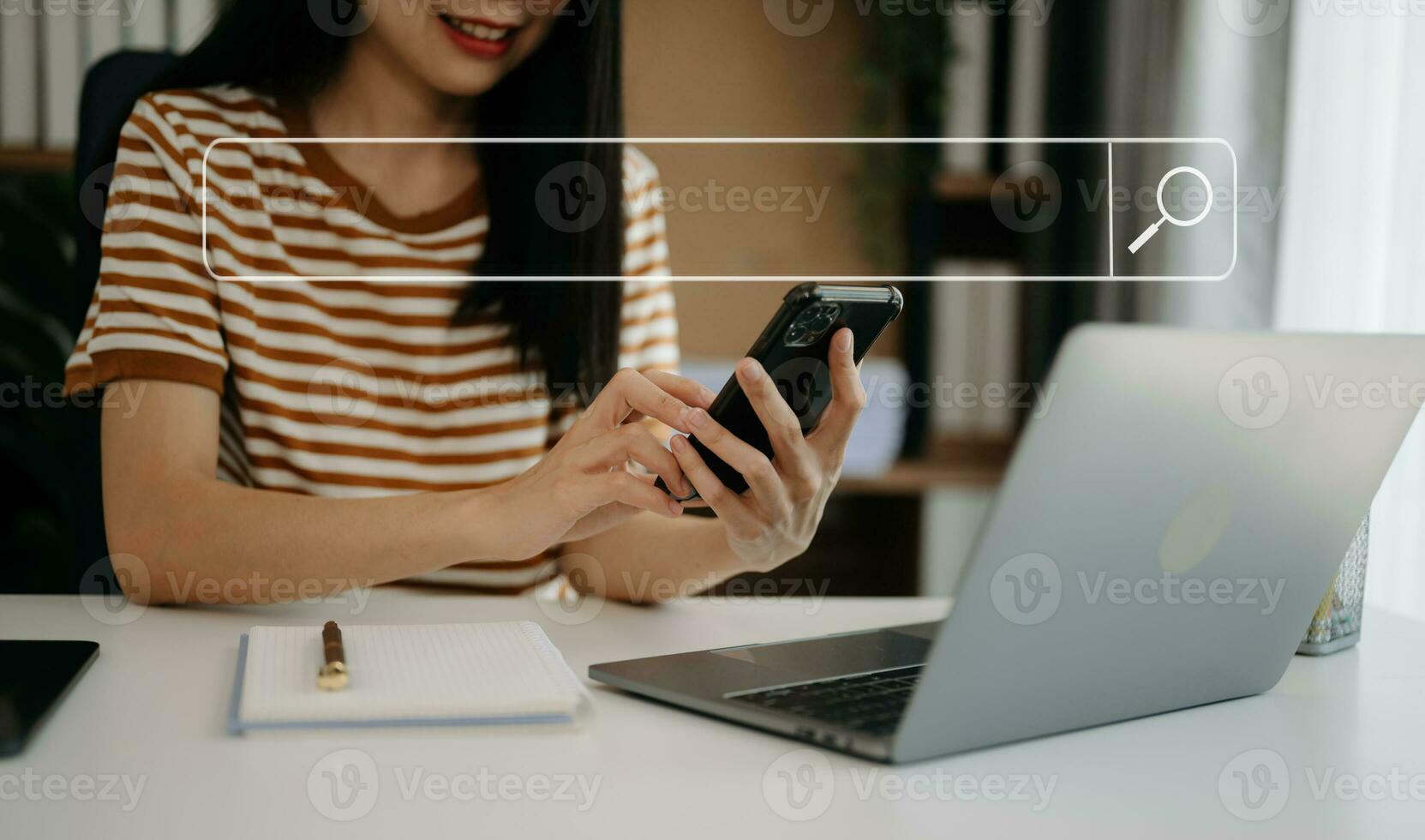 Searching Browsing Internet Data Information Networking Concept with blank search bar. woman working with mobile phone and laptop computer VR icon photo