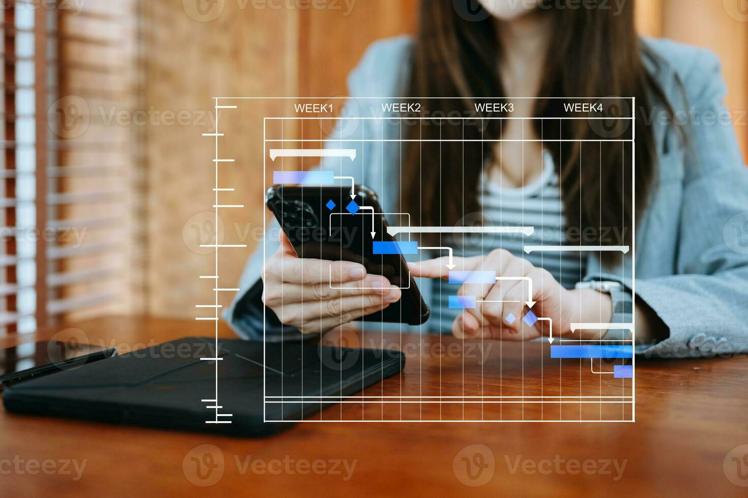 gerente de proyecto trabajando y actualizando tareas con hitos de planificación de progreso y diagrama de programación de diagramas de gantt. negocios que trabajan con teléfonos inteligentes, tabletas y computadoras portátiles foto