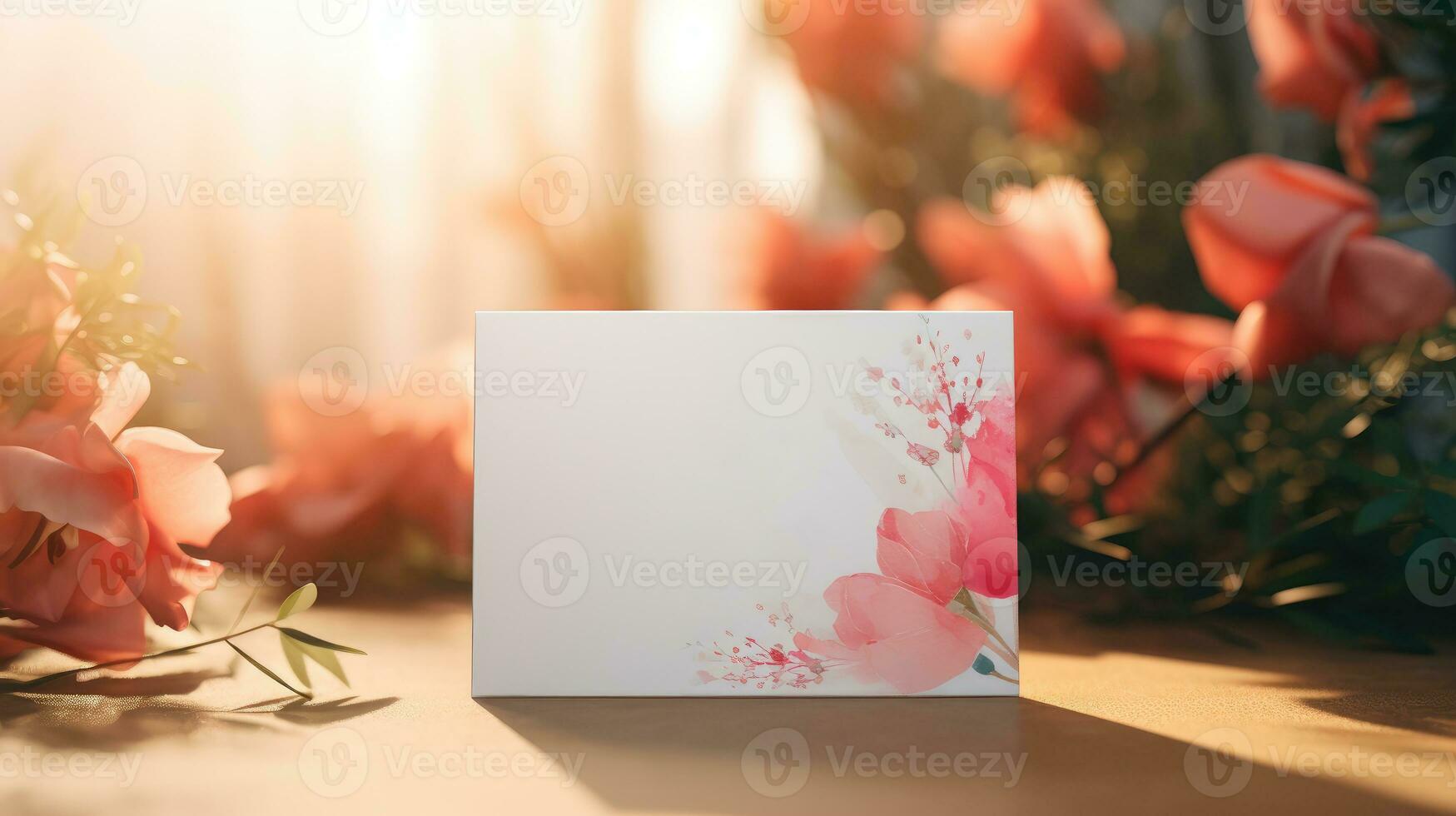 top view of blank Weeding card mockup with flowers, weeding card mockup photo