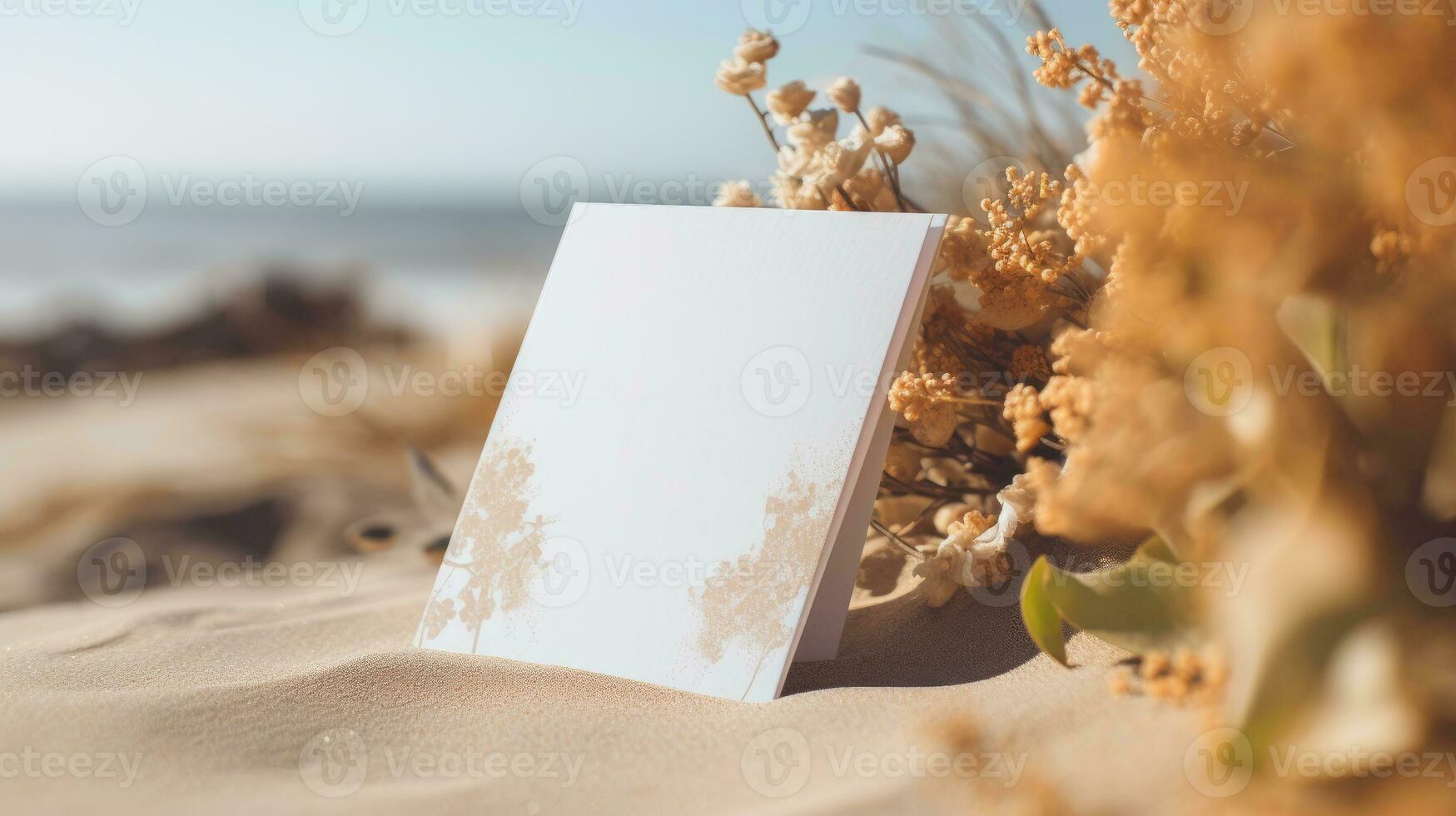 top view of blank Weeding card mockup with flowers, weeding card mockup photo