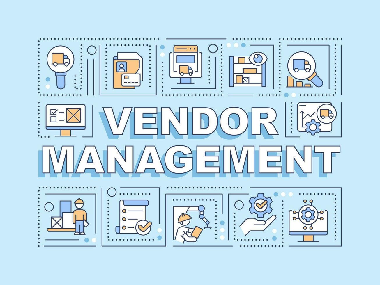 Vendor management text with various thin line icons concept on blue monochromatic background, editable 2D vector illustration.