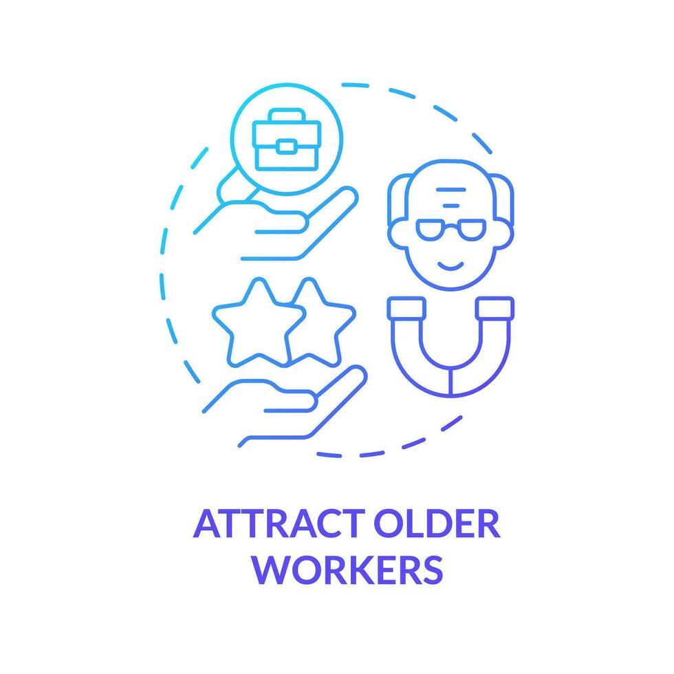 2D gradient attract older workers thin line icon concept, isolated vector, blue illustration representing unretirement. vector