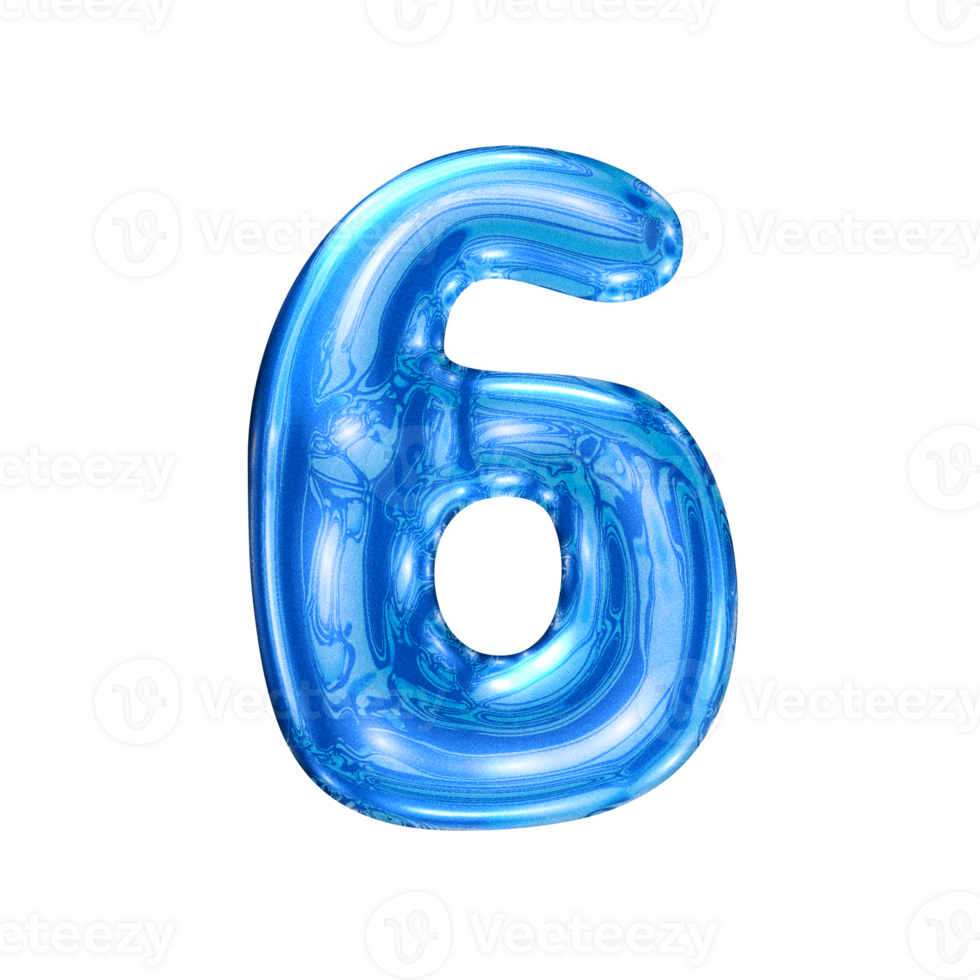Six 6 number alphabet with y2k liquid sea blue chrome effect png