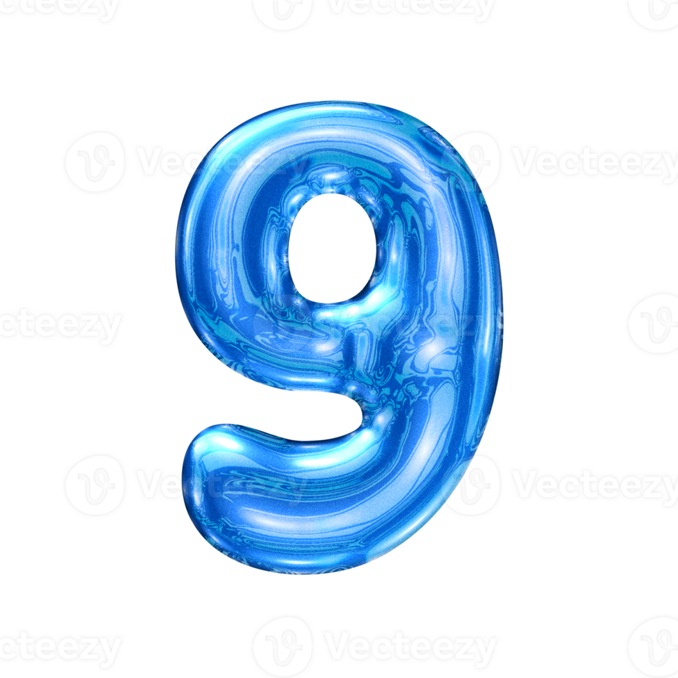 Nine 9 number alphabet with y2k liquid sea blue chrome effect png