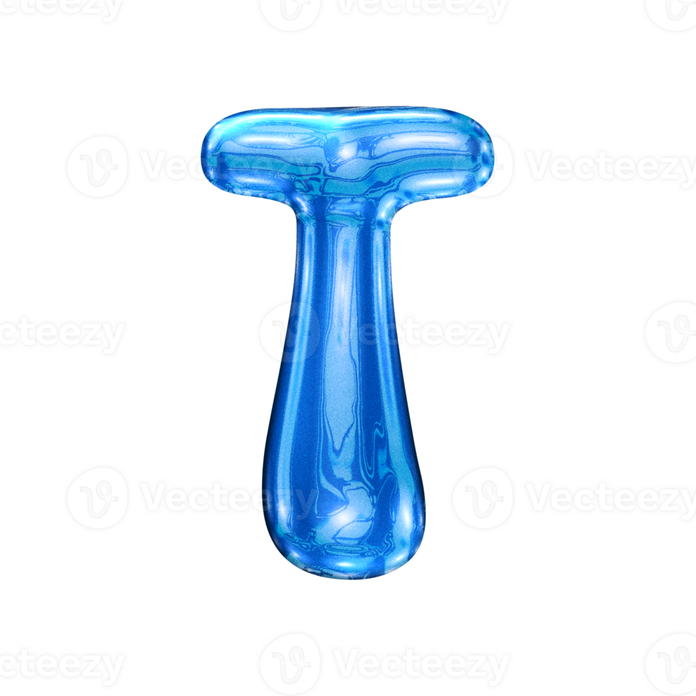 T font alphabet with y2k liquid sea blue chrome effect png