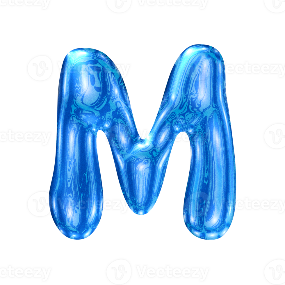 M font alphabet with y2k liquid sea blue chrome effect png