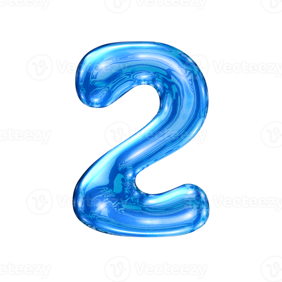 Two 2 number alphabet with y2k liquid sea blue chrome effect png
