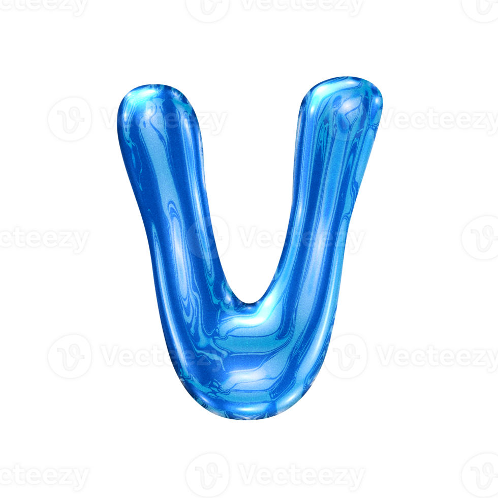 V font alphabet with y2k liquid sea blue chrome effect png