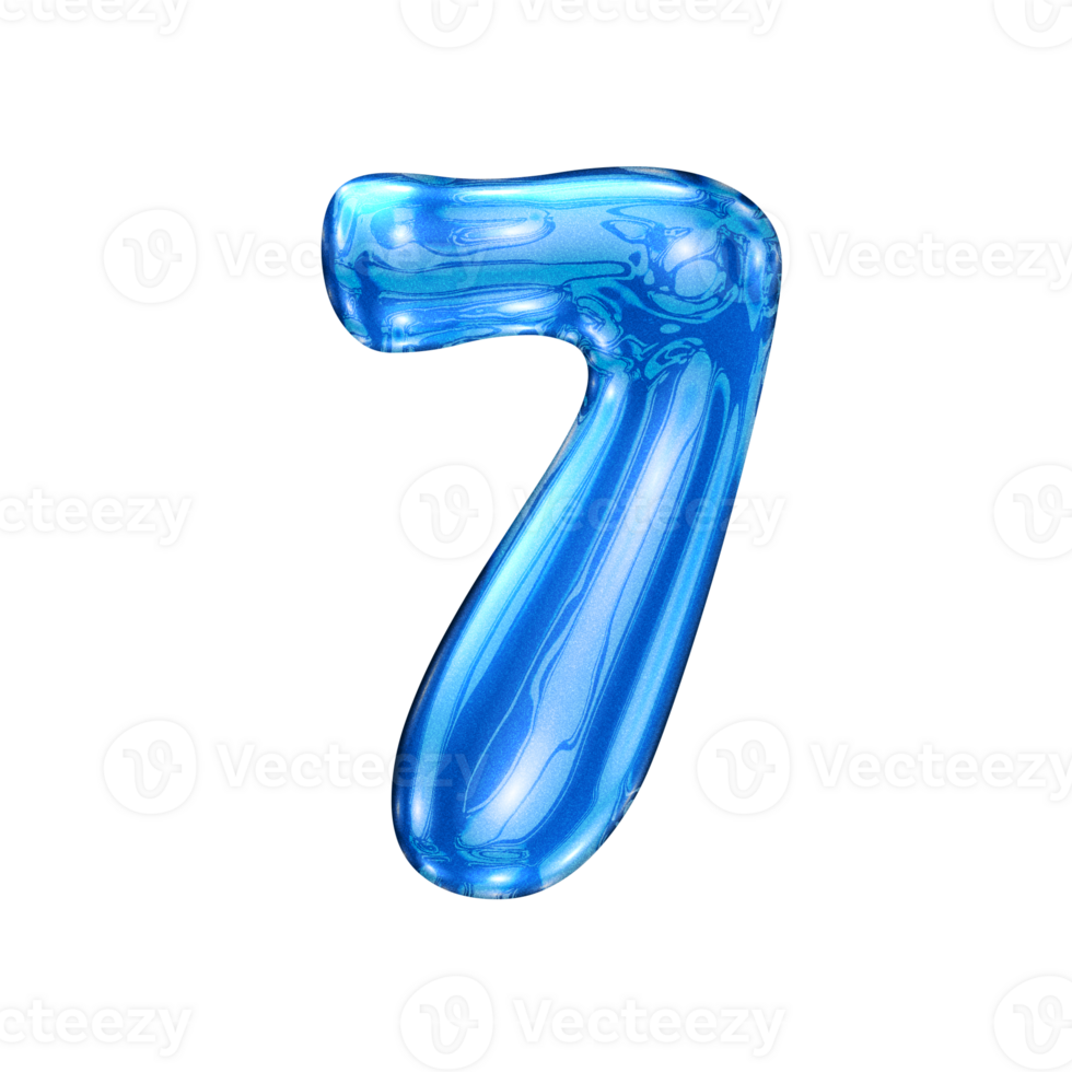 Seven 7 number alphabet with y2k liquid sea blue chrome effect png