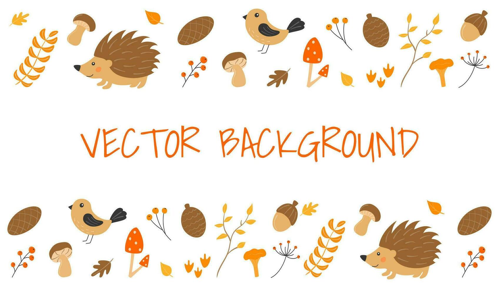 Vector background with cute hedgehog, bird, cone, acorn, twigs with berries, mushrooms and leaves in cartoon style. Autumn in the forest.