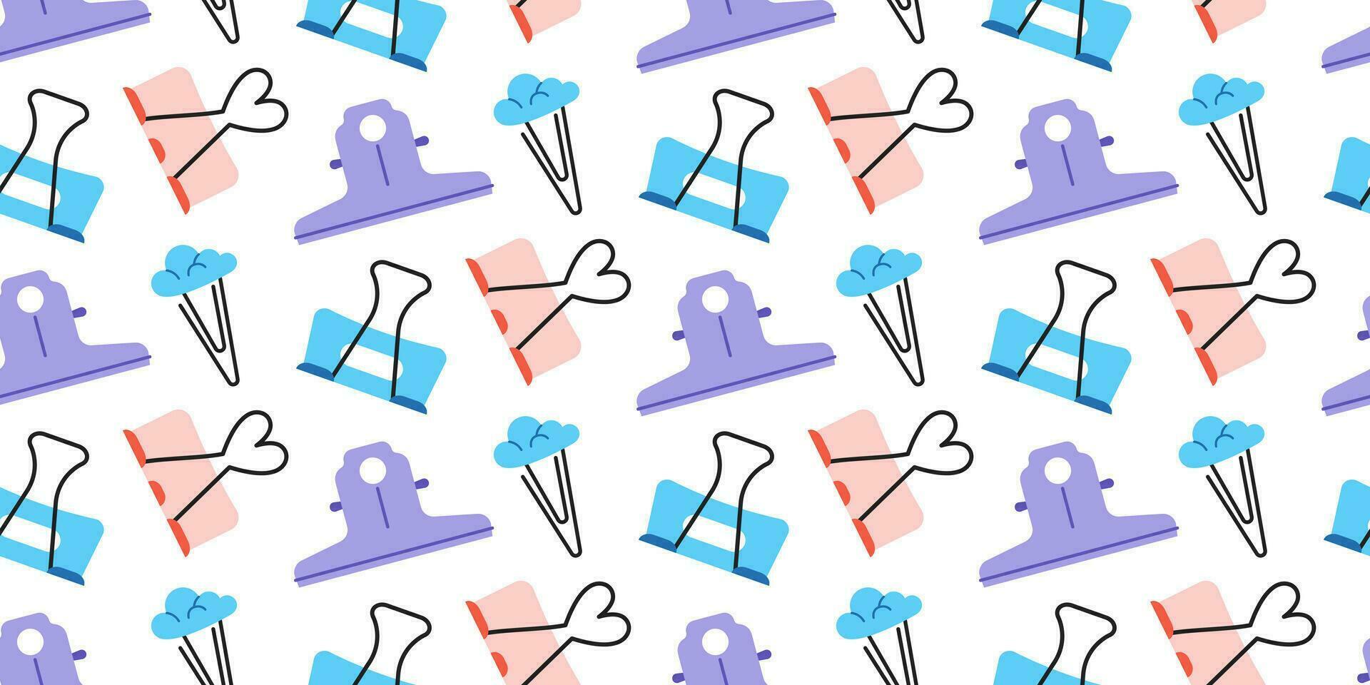 Seamless pattern with cute paper clips, clamps and binders on light background. vector