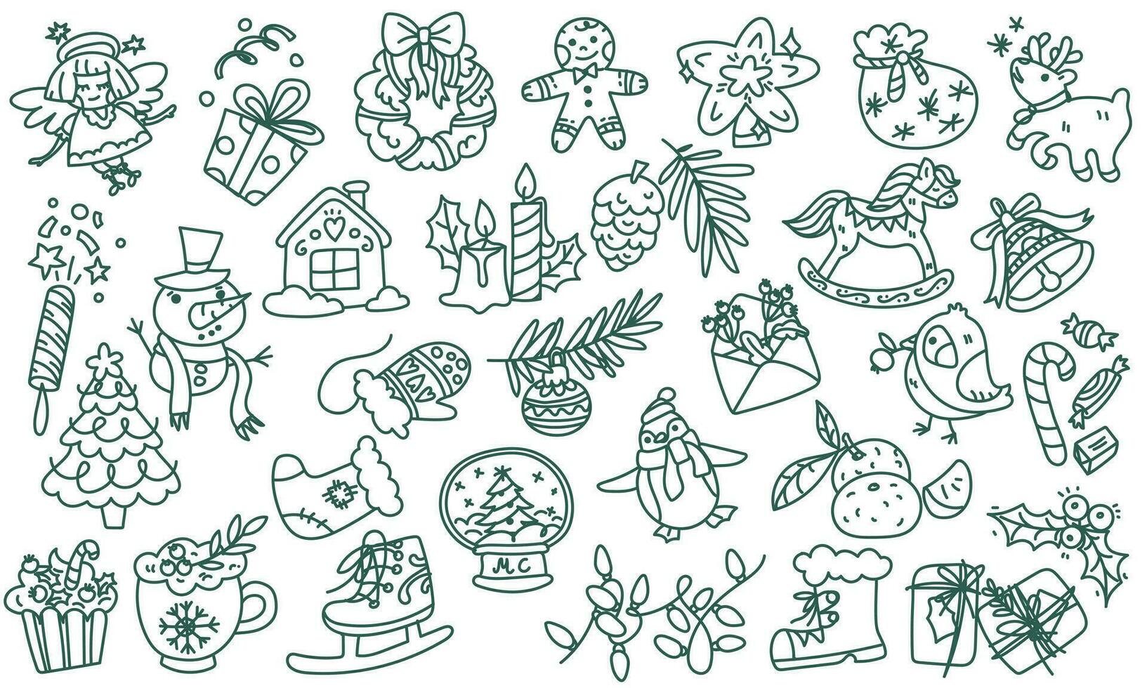 A set of doodles Winter time New Year. Vector illustrations drawn by hand. Contour drawings of Christmas accessories, food, and comfort items. Doodle elements on a white background for design